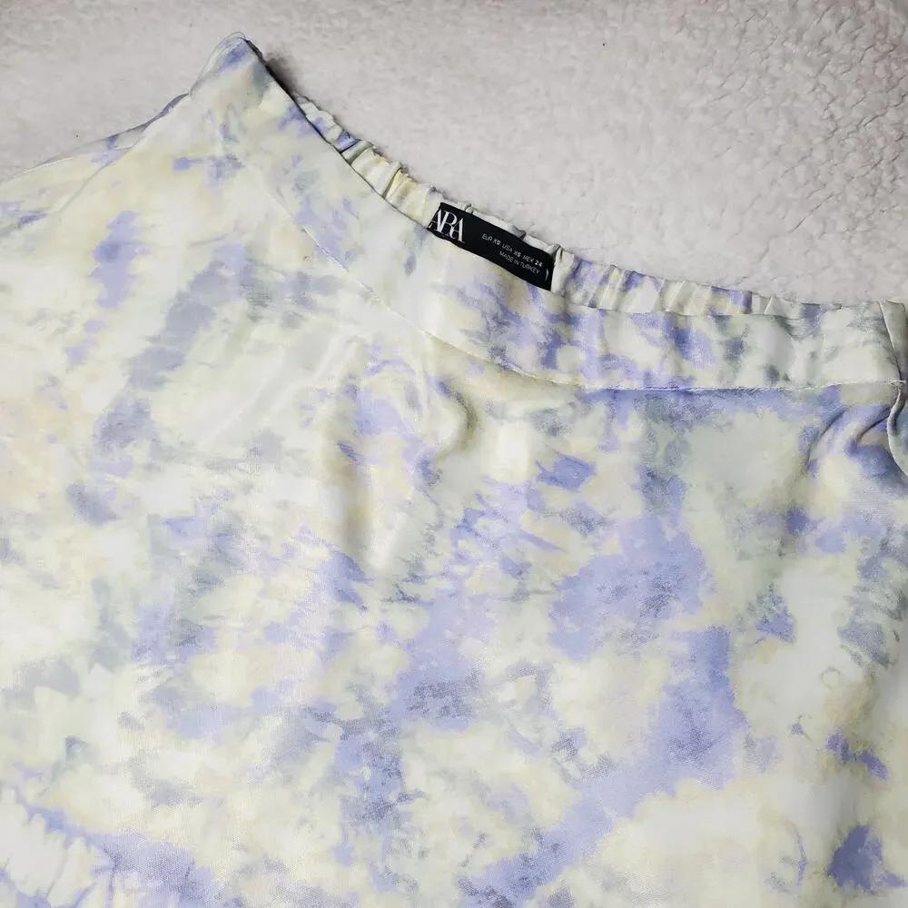 🔥 Zara XS Purple Lilac Yellow White Tie Dye Mini Skirt Satin Viscose Silky - Picture 6 of 15